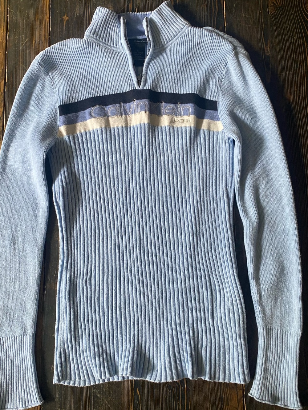 Calvin Klein Jeans Light Blue Ribbed Half-Zip Sweater with Black & White Stripe